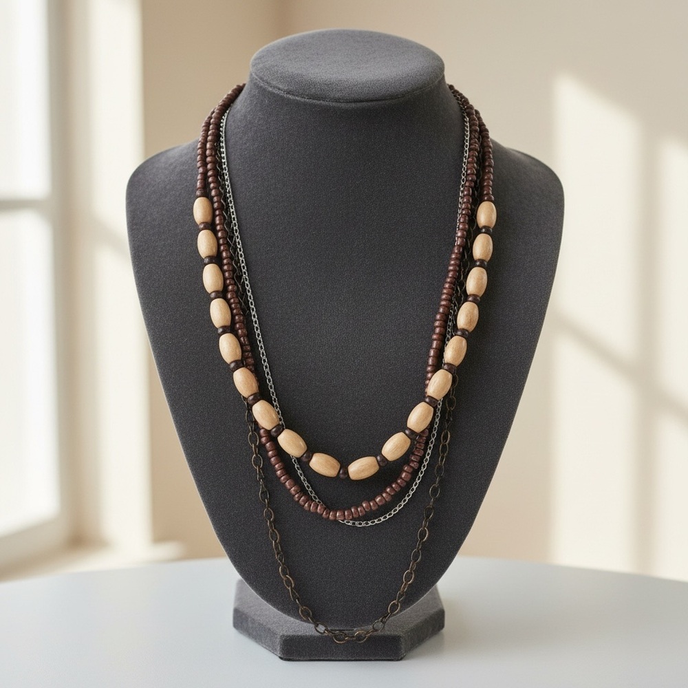 Mar y Sol Layered Brown and Wood Bead Women's Necklace